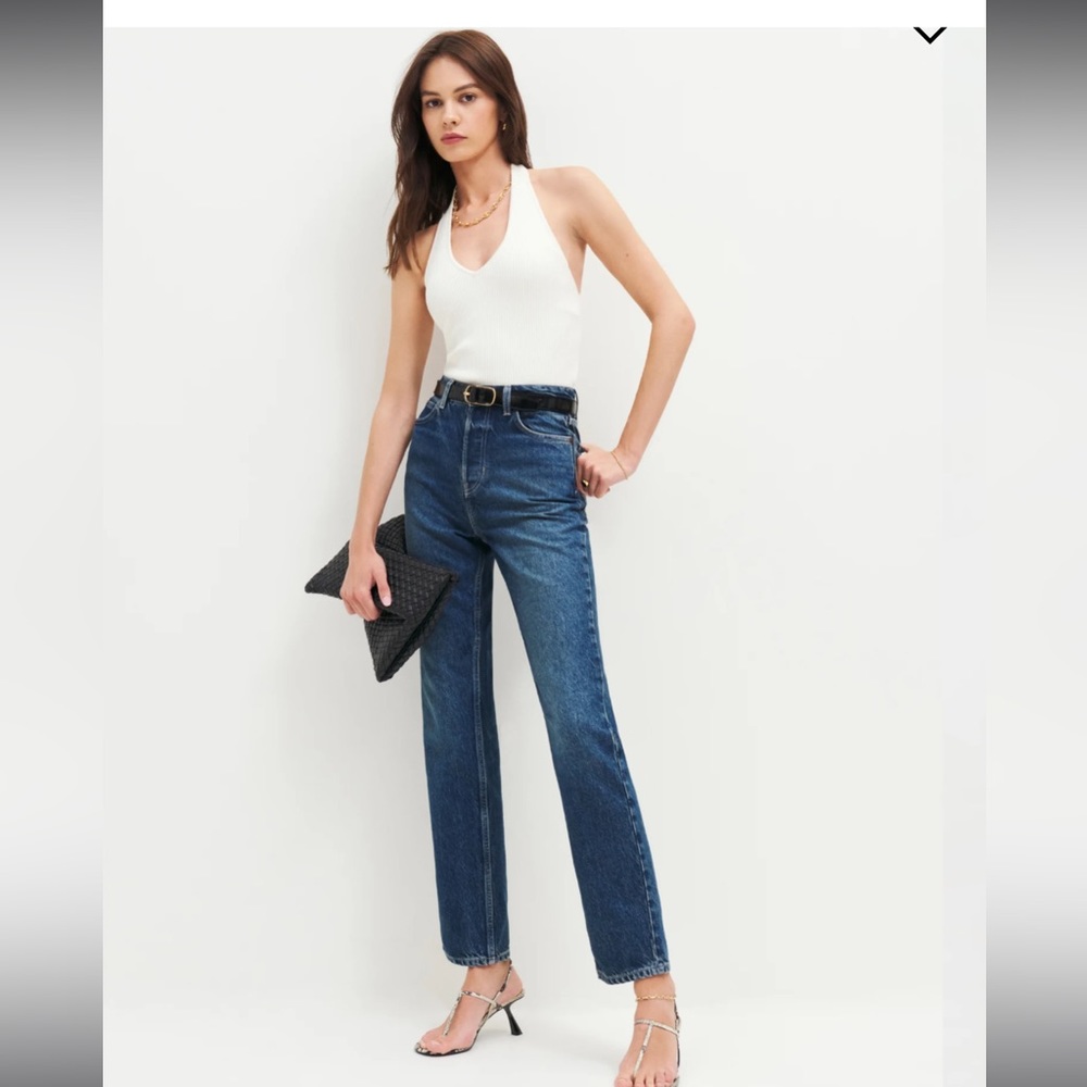 COPY - Reformation Blue Mild Distressed Cynthia High Relaxed Straight Leg Jeans…